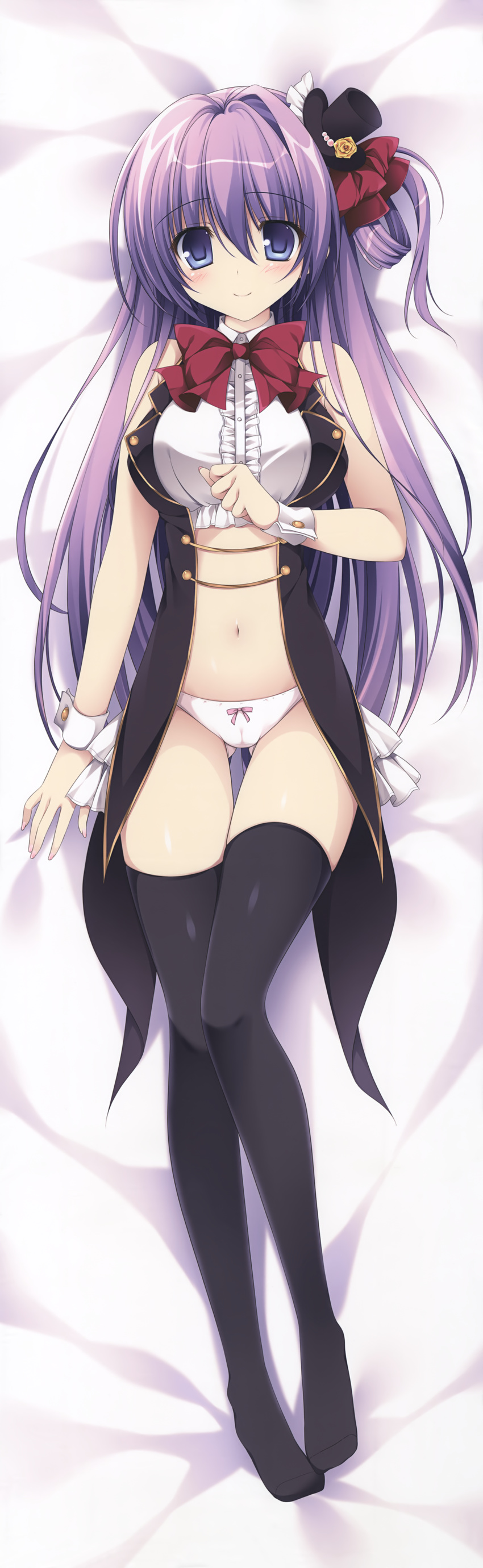 absurdres ass_visible_through_thighs bangs bare_arms bare_shoulders bed_sheet black_hat black_legwear black_vest blue_eyes blush bow bowtie breasts center_frills closed_mouth collared_shirt copyright_request crop_top dakimakura eyebrows_visible_through_hair flower from_above full_body hair_between_eyes hair_ribbon hair_rings hand_up hat highres huge_filesize lavender_hair legs long_hair looking_at_viewer lying medium_breasts mini_hat mini_top_hat nanaroba_hana navel on_back panties red_bow red_neckwear red_ribbon ribbon rose shiny shiny_clothes shiny_hair shiny_skin shirt sleeveless sleeveless_shirt smile solo tareme thighhighs top_hat underwear vest white_panties white_shirt wrist_cuffs yellow_flower yellow_rose