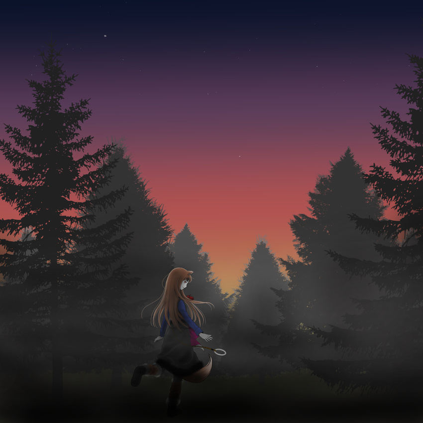 animal_ears boots fox_ears fox_tail grass highres holo long_hair night night_sky pine_tree red_eyes sky smile solo spice_and_wolf standing standing_on_one_leg star suzupom tail tree