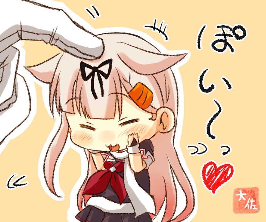 admiral_(kantai_collection) artist_name black_ribbon black_serafuku black_skirt blonde_hair chibi commentary_request hair_flaps hair_ornament hair_ribbon hairclip hands heart highres kantai_collection long_hair minigirl neckerchief orange_background petting pleated_skirt poi red_neckwear remodel_(kantai_collection) ribbon school_uniform serafuku simple_background skirt solo_focus taisa_(kari) yuudachi_(kantai_collection)