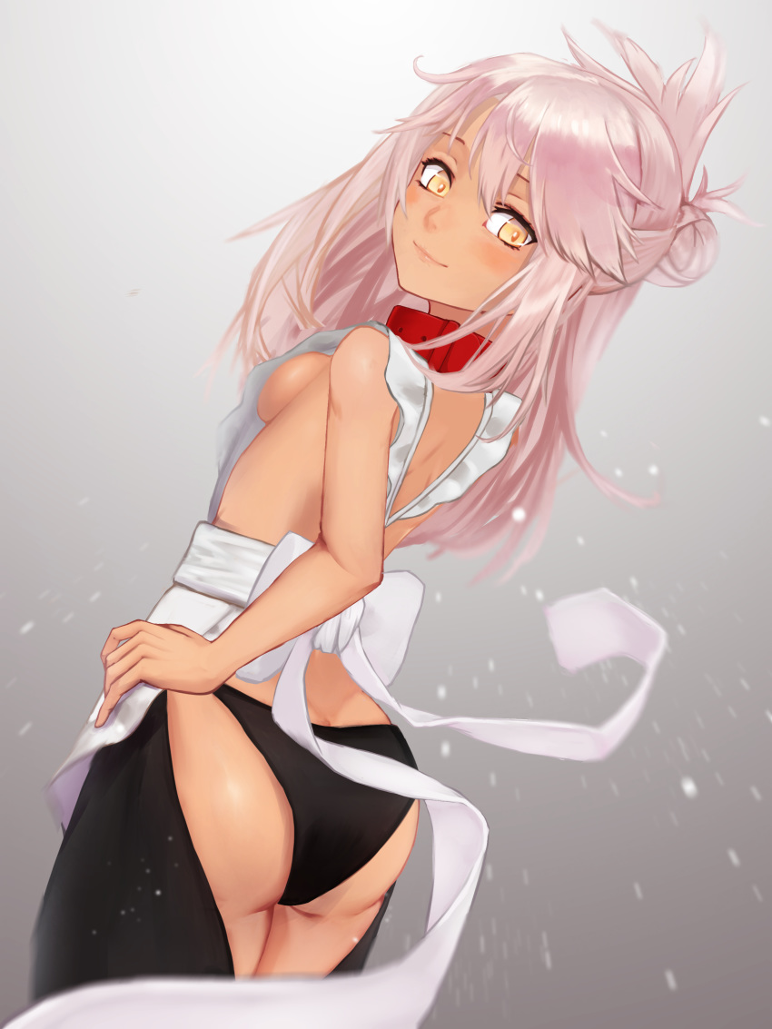 1girl absurdres apron artist_request ass back bangs bare_shoulders black_panties blush breasts chloe_von_einzbern closed_mouth collar cosplay dark_skin fate/grand_order fate/kaleid_liner_prisma_illya fate_(series) gradient gradient_background grey_background hair_between_eyes half_updo hand_on_hip highres long_hair looking_at_viewer no_bra panties pink_hair sideboob small_breasts smile solo swept_bangs tamamo_(fate)_(all) tamamo_cat_(fate) tamamo_cat_(fate)_(cosplay) tan thighs underwear yellow_eyes