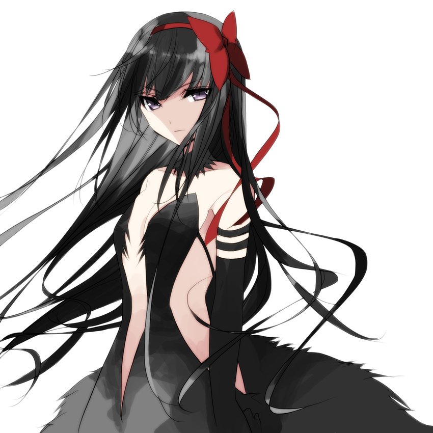 absurdres akemi_homura akuma_homura bare_shoulders black_hair breasts choker closed_mouth elbow_gloves expressionless gloves hair_ribbon highres long_hair looking_at_viewer low-cut mahou_shoujo_madoka_magica mahou_shoujo_madoka_magica_movie misteor purple_eyes red_ribbon ribbon side_slit small_breasts solo white_background