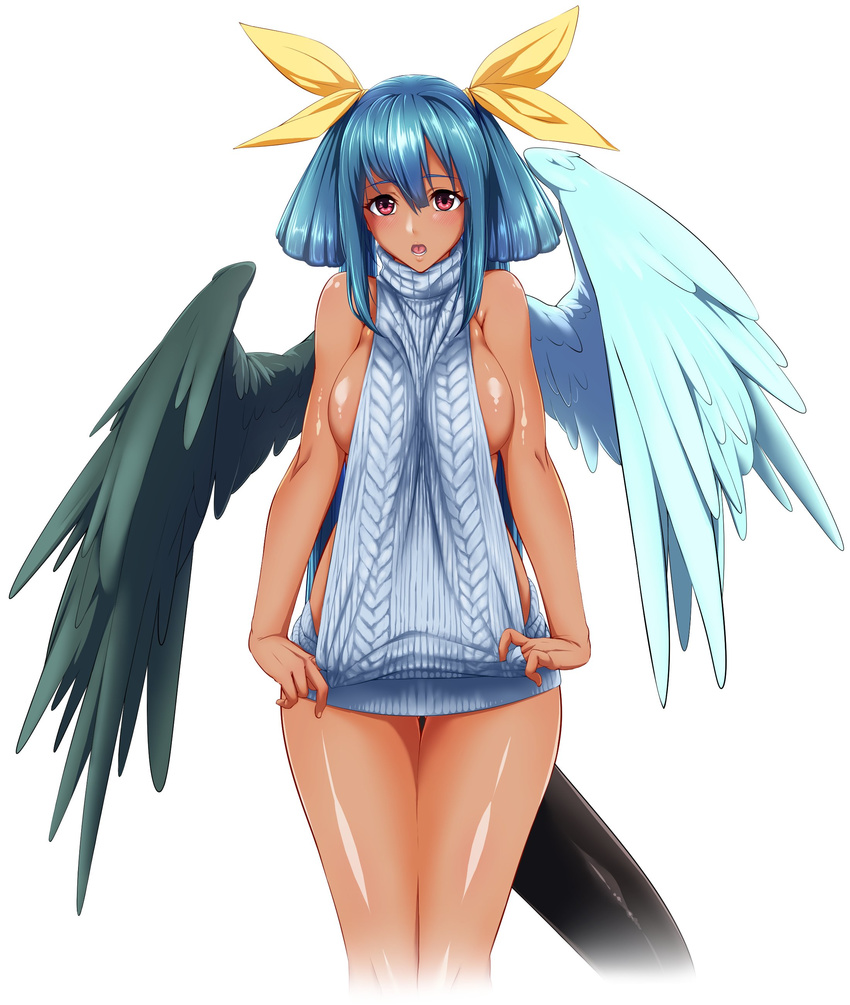 absurdres asymmetrical_wings backless_dress backless_outfit bare_back blue_hair blush breasts dizzy dress guilty_gear guilty_gear_xrd hair_ribbon highres huge_breasts meme_attire naked_sweater open_mouth red_eyes ribbon shiny shiny_hair shiny_skin solo sweater tail tail_ribbon tan turtleneck turtleneck_sweater un virgin_killer_sweater wings