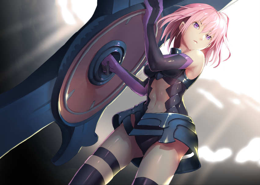 armor armored_dress elbow_gloves fate/grand_order fate_(series) from_below gloves highres holding_shield light_rays looking_away mash_kyrielight navel open_mouth purple_eyes purple_hair segamark shield short_hair standing thighhighs