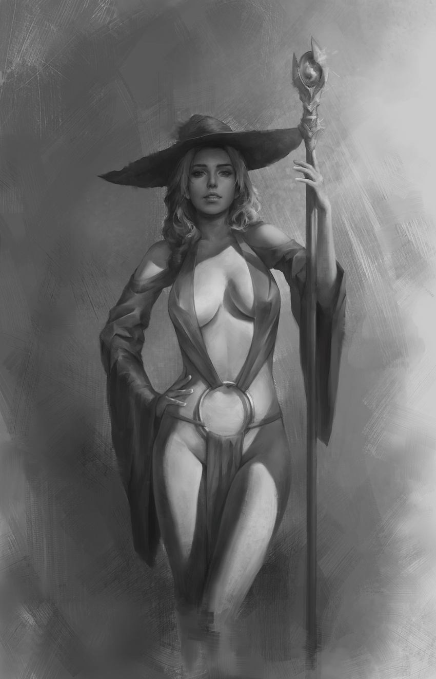 breasts collarbone covered_nipples cowboy_shot dress fantasy greyscale groin hand_on_hip hat highres holding holding_staff jewelry lips looking_at_viewer medium_breasts monochrome navel no_bra no_panties nose o-ring o-ring_bikini original parted_lips pelvic_curtain realistic revealing_clothes ring smile solo sorceress staff standing tim_liu wavy_hair witch_hat