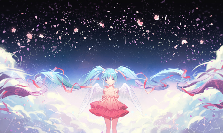 ^_^ absurdly_long_hair arms_behind_back artist_name bad_id bad_pixiv_id bangs bare_shoulders blue_hair cherry_blossoms closed_eyes closed_mouth cloud collarbone dress eyebrows_visible_through_hair facing_viewer feathered_wings floating_hair flower gomzi gradient_hair hair_between_eyes hair_ornament hair_ribbon hair_scrunchie hands_clasped hands_together hatsune_miku layered layered_dress long_hair multicolored_hair night night_sky outdoors own_hands_together petals pink_dress pink_hair pink_ribbon ribbon scrunchie shiny shiny_hair signature sky sleeveless sleeveless_dress smile solo standing star_(sky) starry_sky stratosphere twintails very_long_hair vocaloid white_wings wings