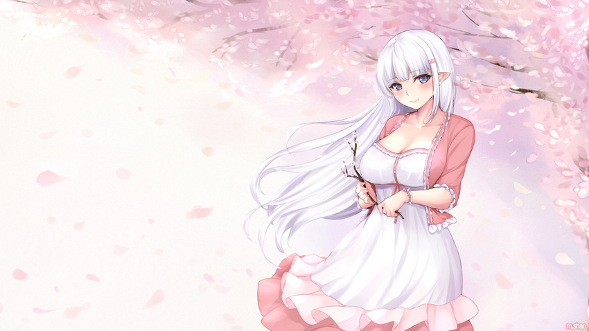 bangs blunt_bangs blush branch breasts cherry_blossoms cleavage closed_mouth closers collarbone commentary_request cowboy_shot dress hair_ornament hairclip highres large_breasts levia_(closers) long_hair looking_at_viewer pointy_ears purple_eyes shaojiang sidelocks smile solo very_long_hair white_dress white_hair