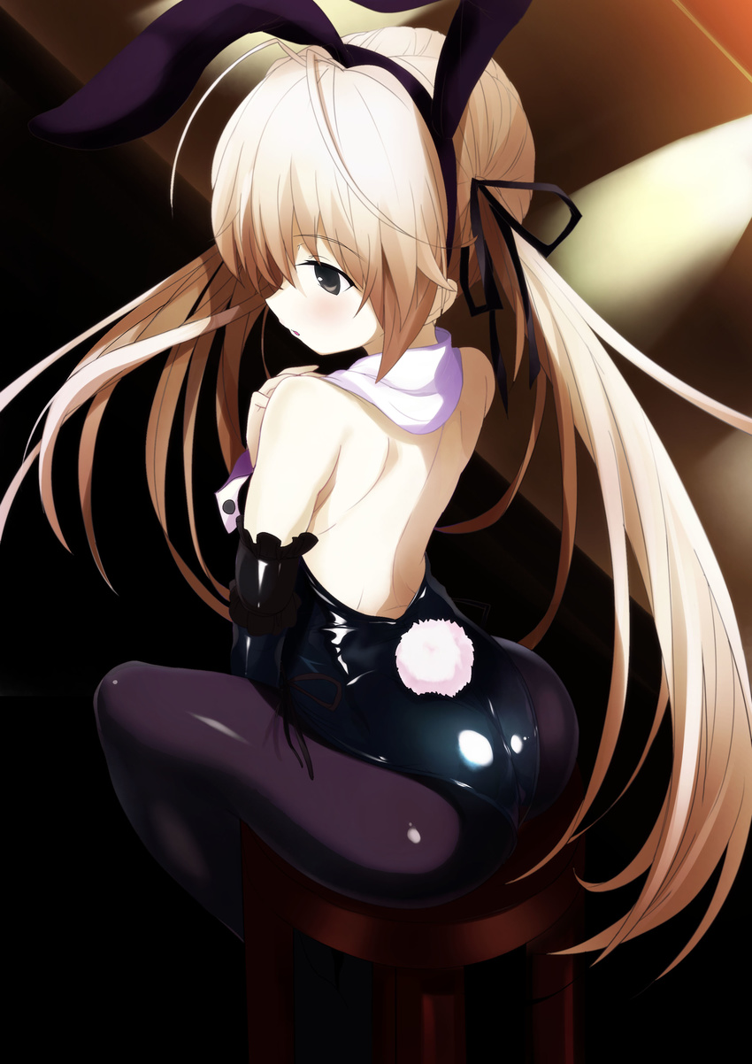 absurdres animal_ears ass back bangs bare_shoulders black_background black_gloves black_ribbon blonde_hair brown_eyes bunny_ears bunnysuit commentary elbow_gloves fake_animal_ears from_behind gloves hair_ribbon highres kasugano_sora long_hair looking_to_the_side pantyhose parted_lips ribbon shimejinameko shiny shiny_clothes shoulder_blades sitting solo stool twintails yosuga_no_sora
