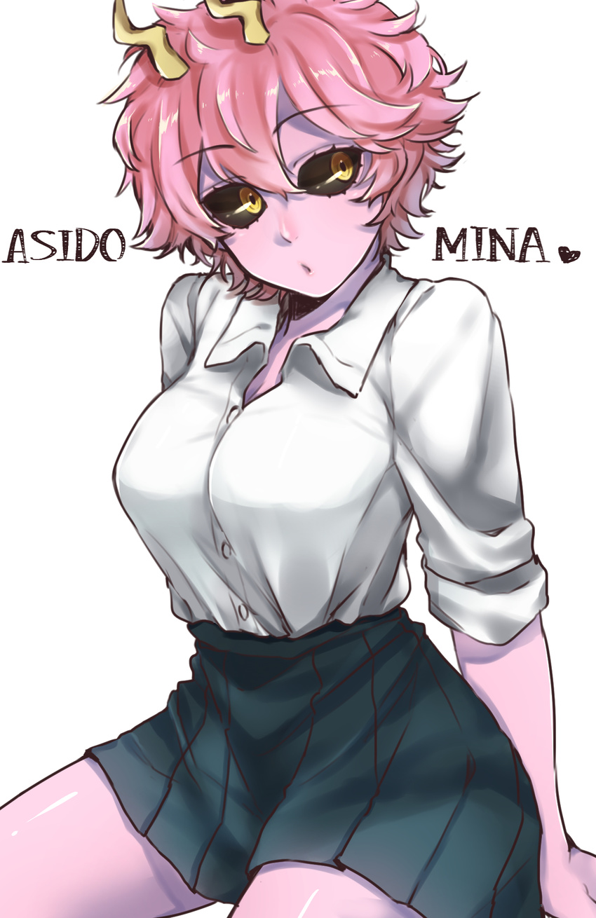 ashido_mina black_sclera boku_no_hero_academia breasts character_name commentary_request highres horns kunreishiki looking_at_viewer medium_breasts minaramuda pink_hair pink_skin school_uniform short_hair skirt smile solo u.a._school_uniform uniform yellow_eyes