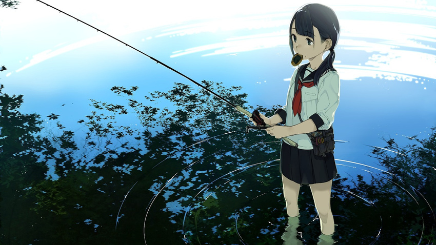 asymmetrical_bangs bag bangs black_eyes black_hair black_skirt closed_mouth day eyebrows_visible_through_hair fishing fishing_rod food_in_mouth highres holding low_ponytail mole mole_under_mouth mouth_hold neckerchief original ouchi_kaeru outdoors pleated_skirt red_neckwear reflection ripples satchel school_uniform senbei serafuku skirt solo standing tareme wading