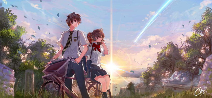 1girl bag bicycle black_legwear brown_eyes brown_hair closz cloud cloudy_sky comet day diffraction_spikes faux_traditional_media green_neckwear ground_vehicle hair_ribbon impossible_necktie jpeg_artifacts kimi_no_na_wa kneehighs leaf miyamizu_mitsuha multiple_riders necktie red_ribbon ribbon school_uniform short_sleeves sidesaddle sky smile striped striped_neckwear tachibana_taki tree