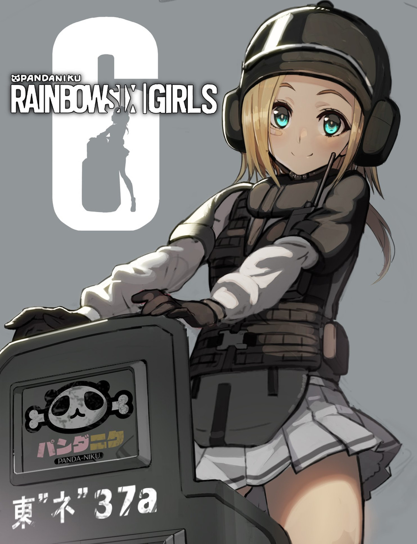 artist_name blitz_(rainbow_six_siege) blonde_hair bulletproof_vest cowboy_shot genderswap genderswap_(mtf) gloves green_eyes grey_background helmet highres long_hair long_sleeves looking_at_viewer namaniku_atk pleated_skirt rainbow_six rainbow_six_siege riot_shield skirt smile solo walkie-talkie white_skirt