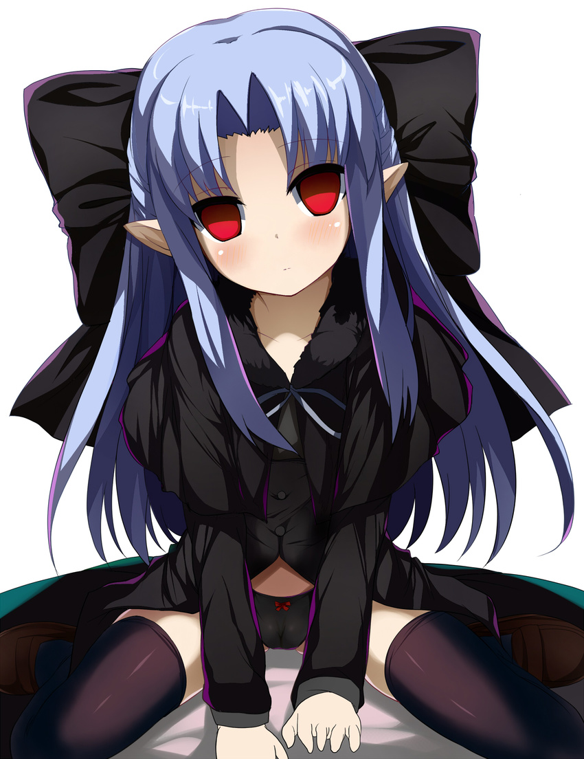 black_legwear black_panties blue_hair bow cameltoe capelet closed_mouth empty_eyes expressionless highres len long_hair no_pants panties pointy_ears red_eyes ribbon shimejinameko shirt shoes sitting solo spread_legs thighhighs tsukihime underwear