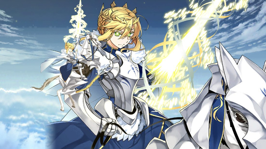 ahoge armor armored_dress artoria_pendragon_(all) artoria_pendragon_(lancer) blonde_hair blue_dress breastplate cape chibi chibi_inset cross crown dress fate/grand_order fate_(series) fur_trim gauntlets glowing glowing_weapon green_eyes horse ishida_akira looking_at_viewer reins riding serious sidelocks solo weapon