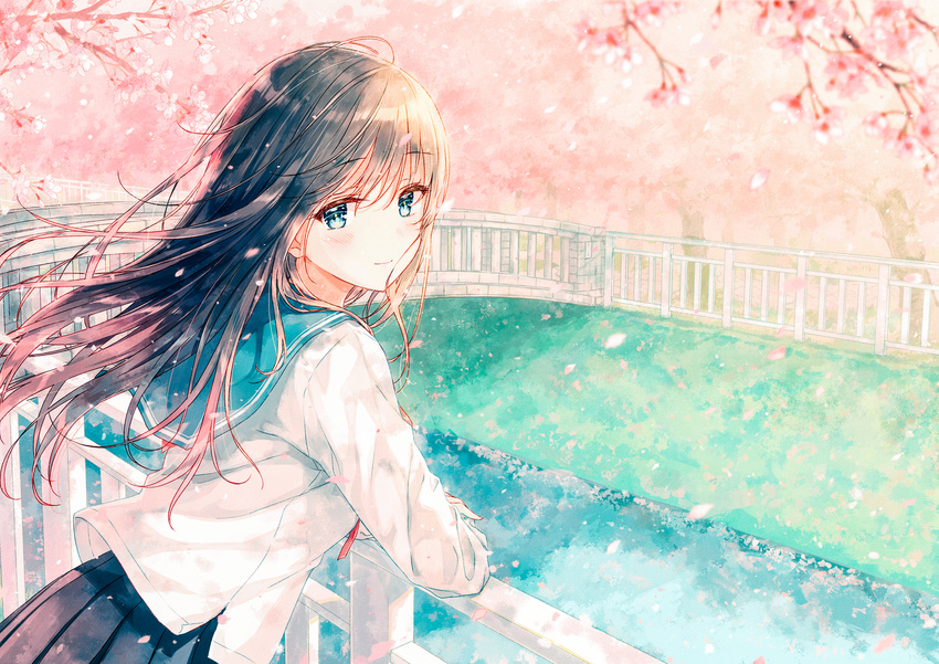 aqua_eyes bangs black_hair black_skirt blush bridge cherry_blossoms closed_mouth commentary day eyebrows_visible_through_hair floating_hair from_side grass highres hiten_(hitenkei) leaning_on_rail light_smile long_hair long_sleeves looking_at_viewer looking_back neckerchief original outdoors petals pleated_skirt pond railing red_neckwear revision river school_uniform serafuku skirt smile solo upper_body