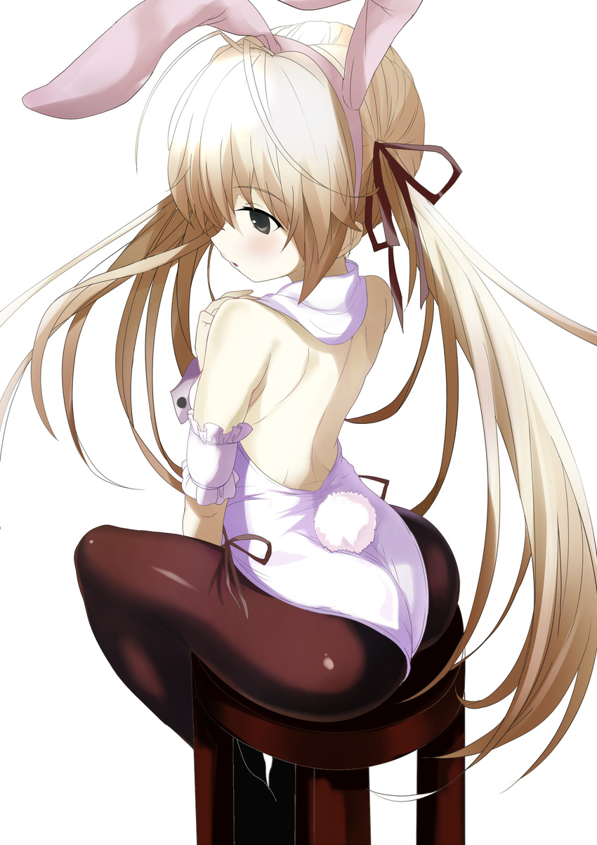 animal_ears ass back bangs bare_shoulders black_ribbon blonde_hair brown_eyes bunny_ears bunnysuit commentary fake_animal_ears from_behind hair_ribbon highres kasugano_sora long_hair looking_to_the_side pantyhose parted_lips ribbon shimejinameko shiny shiny_clothes shoulder_blades sitting solo stool twintails white_background yosuga_no_sora