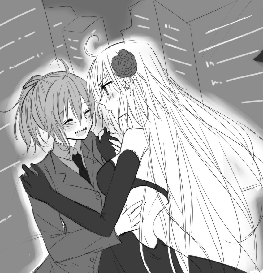 2girls ahoge back bare_shoulders blush breasts dancing dress elbow_gloves eyes_closed fate/grand_order fate_(series) flower fujimaru_ritsuka_(female) gloves jeanne_alter long_hair monochrome multiple_girls necktie open_mouth ponytail ruler_(fate/apocrypha) short_hair suit