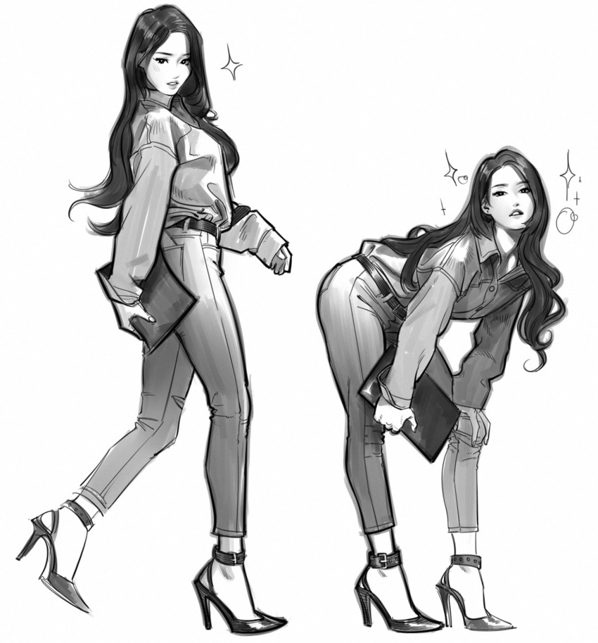 1girl bent_over greyscale high_heels highres long_hair monochrome multiple_views revolmxd simple_background tagme walking white_background