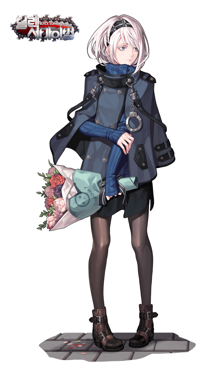 absurdres arm_grab bangs black_hairband black_skirt black_survival blue_cape blue_coat blue_eyes blue_sweater boots bouquet brown_footwear brown_legwear buttons cape cloak closed_mouth colored_eyelashes copyright_name cuffs evilgun eyelashes fingernails flower full_body green_eyes hairband heterochromia high_heel_boots high_heels highres holding holding_bouquet legs_apart lips looking_away miniskirt nose pantyhose pigeon-toed ribbed_sweater rose shoe_strap short_hair sissela_(black_survival) skirt sleeves_past_wrists solo standing stone_floor strap sweater swept_bangs turtleneck