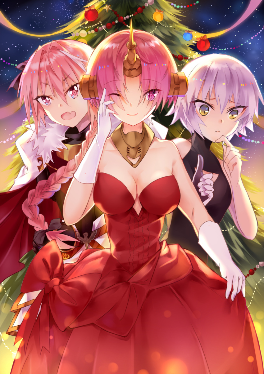 1boy 2girls :o amicis_(amisic) astolfo_(fate) bare_shoulders black_dress braid breasts cape christmas christmas_tree cleavage commentary dress dress_lift english_commentary eyebrows_visible_through_hair eyes_visible_through_hair fate/apocrypha fate/grand_order fate_(series) frankenstein's_monster_(fate) fur-trimmed_cape fur_trim gloves grey_hair hair_over_eyes hand_on_own_chin headgear highres horn jack_the_ripper_(fate/apocrypha) large_breasts long_hair looking_at_viewer merry_christmas multiple_girls one_eye_closed pink_eyes pink_hair red_dress short_hair single_braid smile strapless strapless_dress thumbs_up white_gloves yellow_eyes