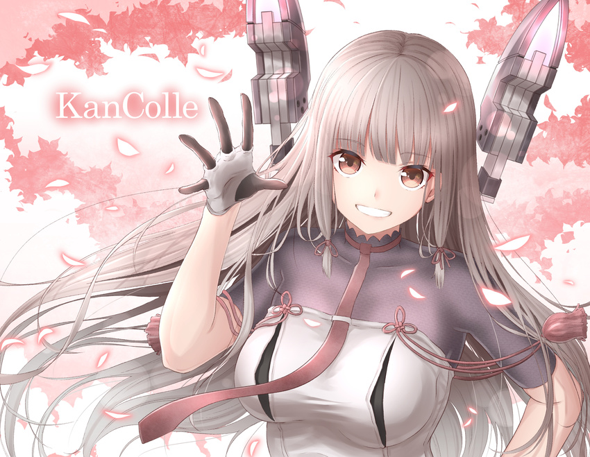 bodysuit breasts cherry_blossoms collarbone dress floral_background gloves grin hand_on_hip hand_up headgear highres hime_cut kantai_collection long_hair looking_at_viewer mechanical_ears medium_breasts murakumo_(kantai_collection) necktie orange_eyes remodel_(kantai_collection) see-through shinoe_nun silver_hair smile solo tassel white_dress white_gloves