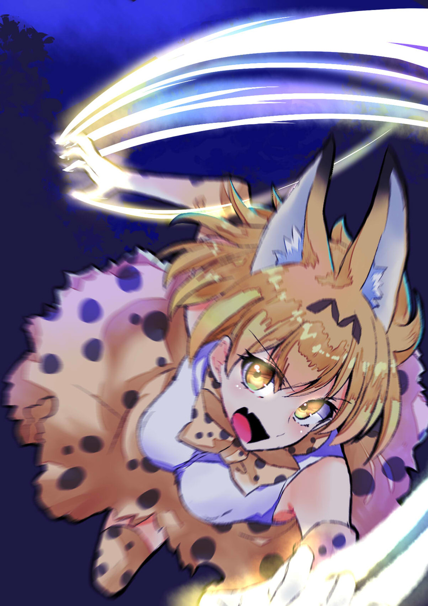 action animal_ears attack bare_shoulders battle blonde_hair bow bowtie breasts charging claws commentary_request elbow_gloves extra_ears fang gloves highres kemono_friends large_breasts looking_at_viewer motion_blur musupon214 night open_mouth serval_(kemono_friends) serval_ears serval_print short_hair slashing solo thighhighs yellow_eyes