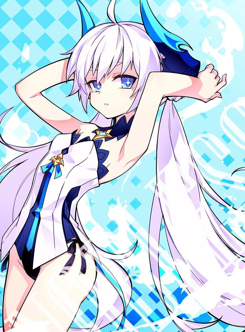 1girl ahoge armpits arms_behind_back arms_up bangs bare_arms bare_shoulders black_panties blue_eyes bow braid breasts chain cowboy_shot detached_collar dress elsword french_braid highres horns hwansang jewelry leotard long_hair looking_at_viewer low_twintails luciela_r._sourcream noblesse_(elsword) panties parted_lips pointy_ears side-tie_panties small_breasts solo standing strapless strapless_leotard symbol-shaped_pupils twintails underwear very_long_hair white_hair