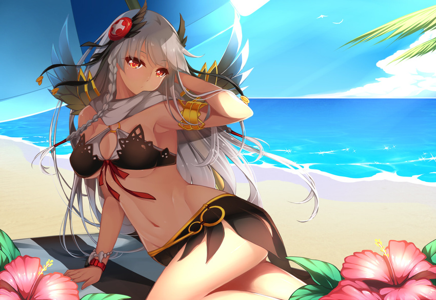 armlet beach beach_umbrella bracelet braid dark_valkyrie_(p&amp;d) day dean hair_ornament highres jewelry long_hair looking_at_viewer navel outdoors puzzle_&amp;_dragons red_eyes revision silver_hair single_braid solo towel umbrella valkyrie_(p&amp;d) water