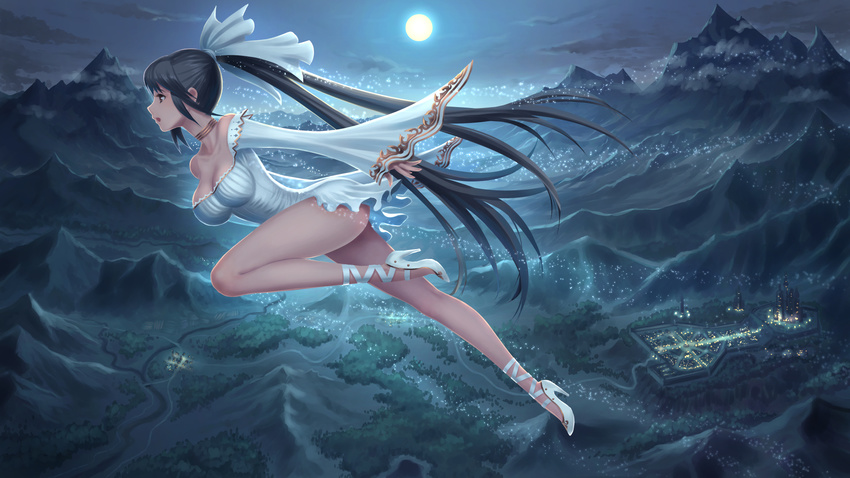 ankle_lace-up bare_legs black_hair breasts brown_eyes castle choker city_lights cleavage cloud cross-laced_footwear dress fantasy flying from_side full_body full_moon hair_ribbon high_heels highres jewelry landscape leg_up legs light_particles long_hair long_sleeves looking_afar magic medium_breasts moon mountain neck_ring night night_sky off-shoulder_dress off_shoulder open_mouth original outdoors outstretched_arms ponytail profile revision ribbon shoes short_dress sky solo sparkle strapless strapless_dress very_long_hair white_dress white_footwear wide_sleeves youbou