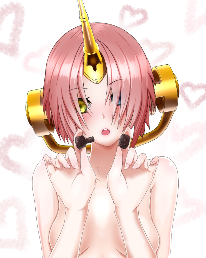 1girl :o blue_eyes blush bolt breasts collarbone commentary_request covering covering_breasts eyebrows_visible_through_hair eyes_visible_through_hair fate/grand_order fate_(series) frankenstein's_monster_(fate) hair_over_one_eye head_tilt headgear heart heterochromia highres holding horn looking_at_viewer mrtakenoko nude nut_(hardware) pink_hair short_hair small_breasts solo yellow_eyes