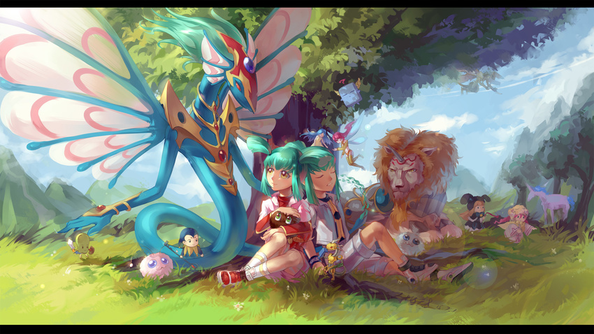 ancient_fairy_dragon armor brown_hair cape curran dress drill_hair duel_monster fairy fairy_wings green_hair hat highres jerry_beans_man key key_mace kuribon li_jing life_stream_dragon lion long_hair lua luca_(yuu-gi-ou) minigirl mokey_mokey multiple_girls pikeru pink_hair ponytail power_tool_dragon regulus_(yuu-gi-ou) robot shield shorts siblings smile spirit_of_the_breeze spore_(yuu-gi-ou) sunlight_unicorn sunny_pixie sword thighhighs twins twintails unicorn watapon weapon whip wings yuu-gi-ou yuu-gi-ou_5d's