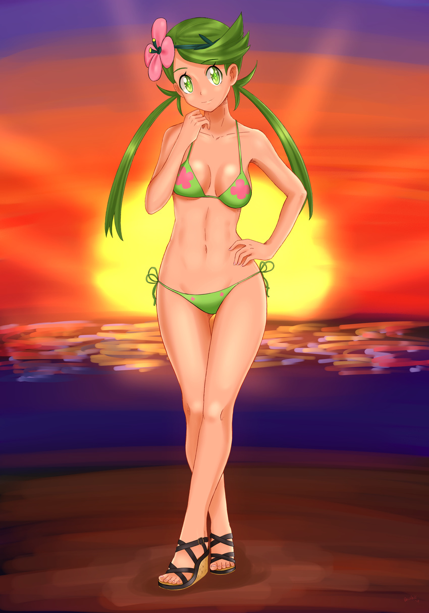 absurdres bad_id bad_pixiv_id bare_shoulders bikini breasts closed_mouth collarbone dark_skin error flower full_body green_bikini green_eyes green_hair hair_flower hair_ornament highres long_hair looking_at_viewer low_twintails mao_(pokemon) medium_breasts midriff navel nocunoct pokemon pokemon_(game) pokemon_sm pose shiny shiny_skin smile solo standing sun sunset swimsuit tied_hair trial_captain twintails underboob very_long_hair