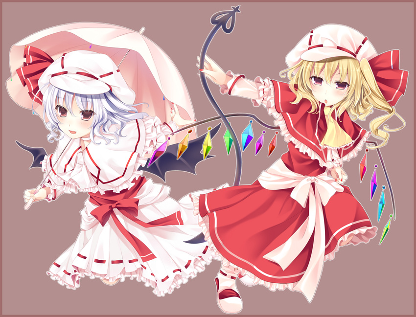 :o adapted_costume ajiriko ascot bangs banned_artist bat_wings blonde_hair blue_hair blush capelet commentary_request crystal dress flandre_scarlet frilled_dress frills full_body hat hat_ribbon holding holding_umbrella laevatein long_sleeves looking_at_viewer mob_cap multiple_girls nail_polish parasol parted_lips red_dress red_eyes red_nails red_ribbon remilia_scarlet ribbon sash short_hair siblings side_ponytail sisters smile touhou umbrella white_dress wings