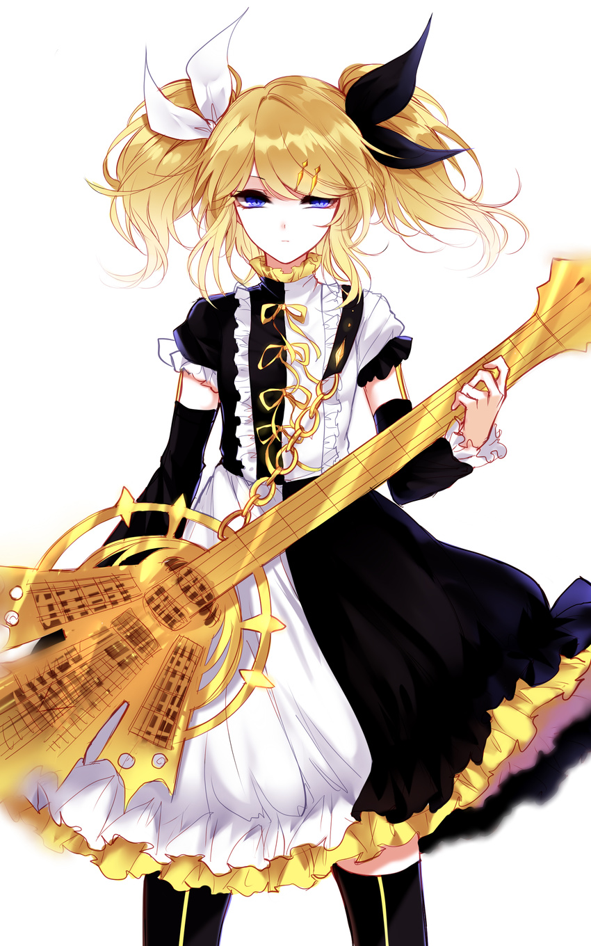 absurdres bangs black_legwear black_ribbon blonde_hair blue_eyes closed_mouth commentary commentary_request cowboy_shot detached_sleeves dress frilled_dress frilled_sleeves frills guitar hair_ornament hair_ribbon hairclip highres instrument kagamine_rin looking_at_viewer multicolored multicolored_clothes multicolored_dress ribbon roshin_yuukai_(vocaloid) sheya short_sleeves solo swept_bangs thighhighs twintails vocaloid white_ribbon