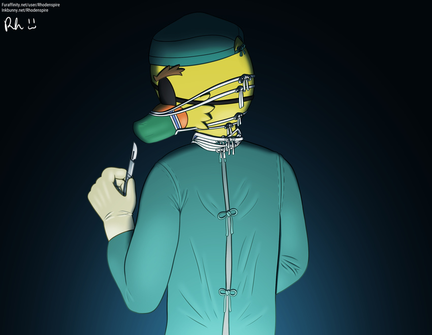 2017 anthro avian beak bird clothed clothing digital_media_(artwork) doctor duck eye_patch eyewear gloves hi_res horatio_quack hospital male mask medical rhodenspire scalpel scrubs simple_background solo sonic_(series) standing surgeon surgery surgical_mask uniform video_games