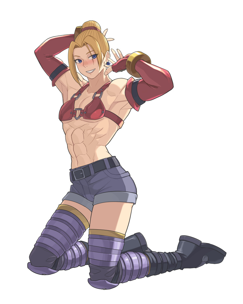 abs androgynous armpits baka_guruo bare_shoulders blonde_hair bloody_roar boots detached_sleeves earrings fox hair_bun hans_taubemann jewelry kneeling muscle short_shorts shorts solo thighhighs