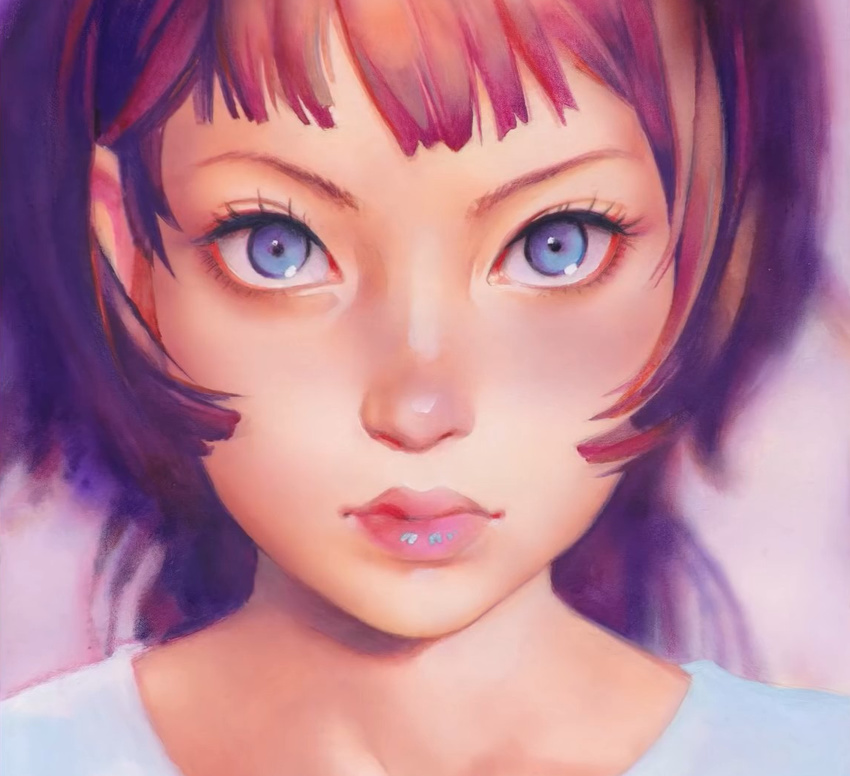 bangs blue_eyes blunt_bangs bob_cut brown_hair close-up derivative_work eyelashes ilya_kuvshinov laovaan lipgloss lips looking_at_viewer original photo portrait short_hair solo thick_lips traditional_media video_crop watercolor_(medium)