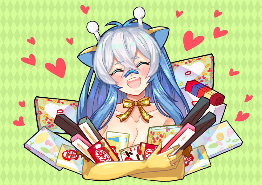 animal_ears argyle argyle_background bandage_on_face bangs blue_hair blush breasts chocolate cleavage closed_eyes collarbone elbow_gloves eyebrows_visible_through_hair facing_viewer gen_2_pokemon gift girafarig giraffe_ears gloves heart highres horns kasuka108 kitkat long_hair open_mouth personification pokemon solo upper_body white_hair yellow_gloves