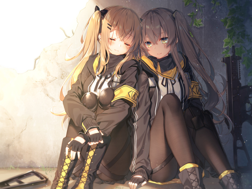 2girls armband bangs black_footwear black_gloves black_jacket black_legwear black_neckwear black_ribbon black_skirt blush boots brown_hair closed_mouth cross-laced_footwear day eyebrows_visible_through_hair eyes_closed fingerless_gloves girls_frontline gloves gun h&amp;k_ump hair_between_eyes hair_ornament hair_ribbon hairclip heckler_&amp;_koch jacket knee_pads knees_up leaf leaning_on_person leaning_to_the_side leg_hug light_particles long_hair long_sleeves military military_uniform miniskirt multiple_girls neck_ribbon one_side_up open_clothes open_jacket outdoors pantyhose ribbon shirt side-by-side sidelocks silver_hair sitting skirt smile submachine_gun toosaka_asagi twintails ump45_(girls_frontline) ump9_(girls_frontline) uniform weapon white_shirt yellow_eyes yellow_skirt