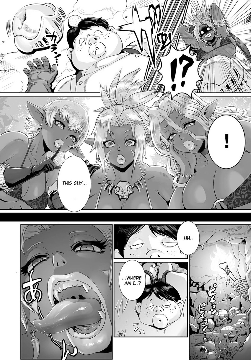 armpits bdsm big_breasts big_lips bondage bound breasts cleavage clothed clothing comic dialogue english_text fangs female group hair human humanoid lips male mammal monochrome monster_girl_(genre) not_furry nude odd_(artist) orc text tongue tongue_out translated