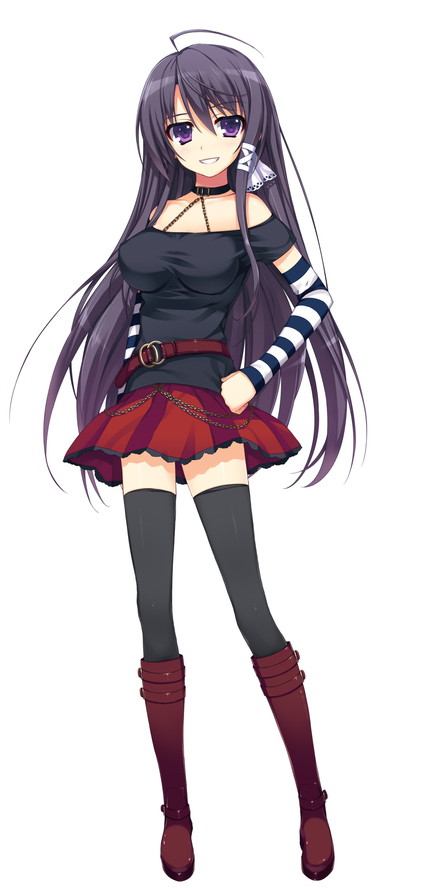 absurdres bangs belt_boots black_legwear boots breasts brown_footwear eyebrows_visible_through_hair full_body hand_on_hip highres knee_boots long_hair looking_at_viewer medium_breasts mizuno_rin non-web_source pleated_skirt purple_eyes reminiscence skirt smile solo thighhighs tomose_shunsaku transparent_background very_long_hair zettai_ryouiki