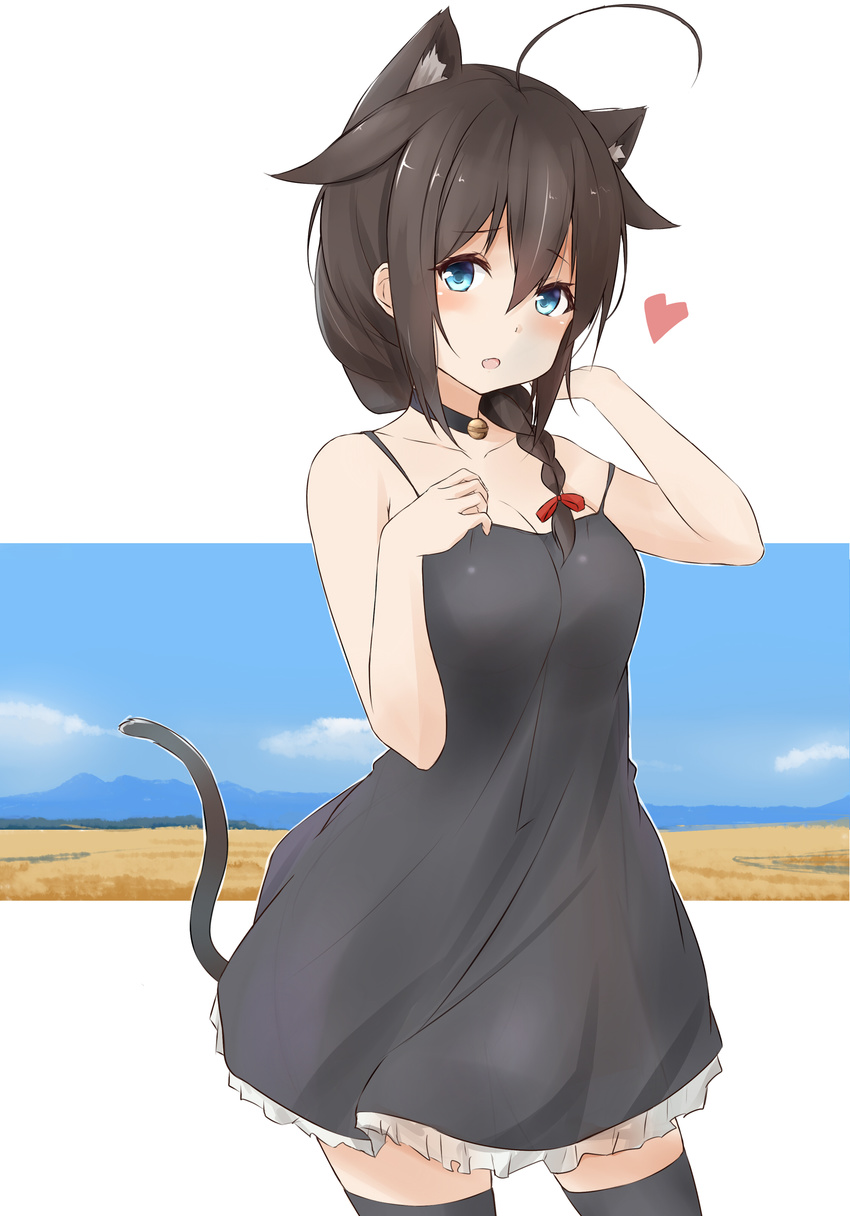 absurdres ahoge animal_ears black_dress black_legwear blue_eyes blush braid breasts cat_ears cat_tail cleavage collar collarbone dress frilled_skirt frills hair_flaps hand_on_own_chest heart highres kantai_collection looking_at_viewer medium_breasts open_mouth outline remodel_(kantai_collection) saku_(kudrove) shigure_(kantai_collection) single_braid skirt solo tail thighhighs white_background white_outline zettai_ryouiki