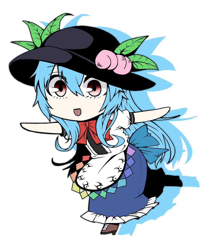:d absurdres black_hat blue_hair blue_skirt boots bow bowtie brown_footwear chibi commentary food frilled_skirt frills fruit full_body hair_between_eyes hat hat_leaf high_heel_boots high_heels highres hinanawi_tenshi kakegami long_hair looking_at_viewer open_mouth outstretched_arms peach puffy_short_sleeves puffy_sleeves rainbow_order red_bow red_eyes red_neckwear running shirt short_sleeves silhouette skirt smile solo spread_arms touhou white_background white_shirt