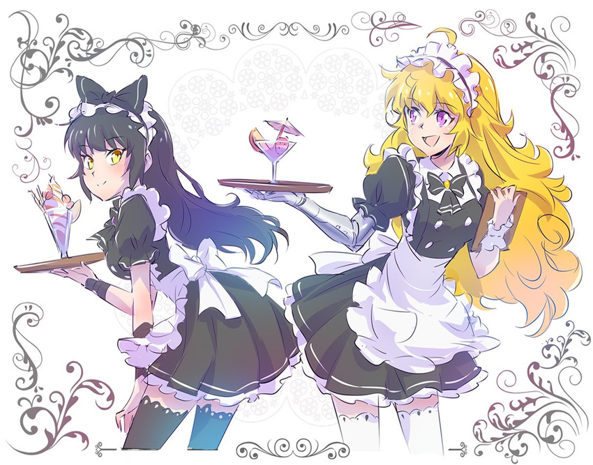 apron black_hair blake_belladonna blonde_hair cocktail cocktail_glass cocktail_umbrella commentary cup drinking_glass floral_background food fruit ice_cream iesupa maid maid_apron maid_headdress multiple_girls parfait prosthesis prosthetic_arm purple_eyes rwby strawberry sundae thighhighs tray wafer_stick waitress yang_xiao_long yellow_eyes