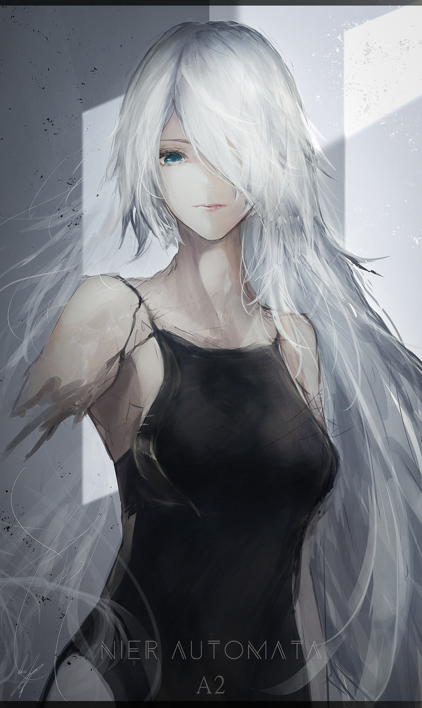 black_leotard blue_eyes breasts character_name closed_mouth commentary_request copyright_name damaged expressionless grey_hair hair_over_one_eye highres leotard long_hair looking_at_viewer marumoru medium_breasts nier_(series) nier_automata parts_exposed solo upper_body very_long_hair yorha_type_a_no._2