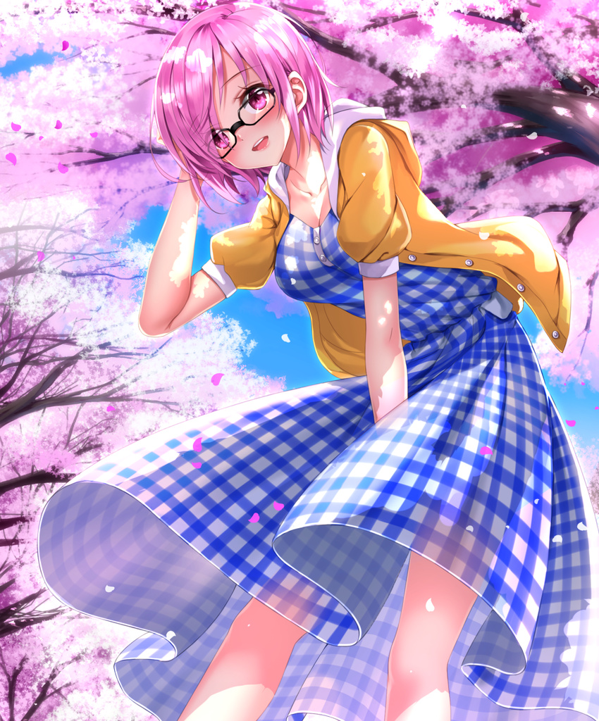 black-framed_eyewear blue_dress breasts cherry_blossoms dappled_sunlight day dress dress_tug fate_(series) feet_out_of_frame from_below gingham glasses hair_over_one_eye hair_tucking hand_in_hair hand_on_own_head highres hood hood_down hooded_jacket jacket leaning_forward lips looking_at_viewer mash_kyrielight medium_breasts open_clothes open_jacket open_mouth outdoors petals plaid plaid_dress puffy_short_sleeves puffy_sleeves purple_eyes purple_hair shiny shiny_hair short_hair short_sleeves sky smile solo sunlight swordsouls unbuttoned yellow_jacket