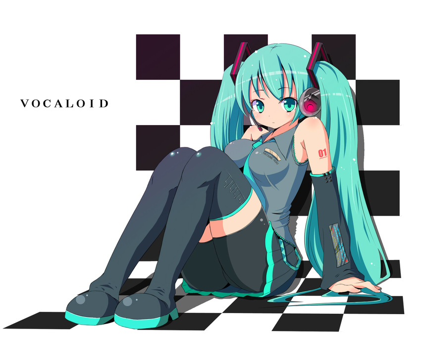 aqua_eyes aqua_hair bad_id bad_pixiv_id bike_shorts detached_sleeves hatsune_miku long_hair sitting solo take_(office-t) thighhighs vocaloid