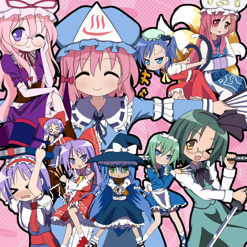 absurdres alice_margatroid alice_margatroid_(cosplay) chen chen_(cosplay) cosplay crossover endou_aya hakurei_reimu hakurei_reimu_(cosplay) highres hiiragi_kagami hiiragi_tsukasa iwasaki_minami izayoi_sakuya izayoi_sakuya_(cosplay) izumi_konata kirisame_marisa kirisame_marisa_(cosplay) konpaku_youmu konpaku_youmu_(cosplay) lucky_star miyakawa-ke_no_kuufuku miyakawa_hikage miyakawa_hinata multiple_girls narumi_yui perfect_cherry_blossom saigyouji_yuyuko saigyouji_yuyuko_(cosplay) seiyuu_connection sphere_(graham) takara_miyuki takara_yukari touhou yakumo_ran yakumo_ran_(cosplay) yakumo_yukari yakumo_yukari_(cosplay)