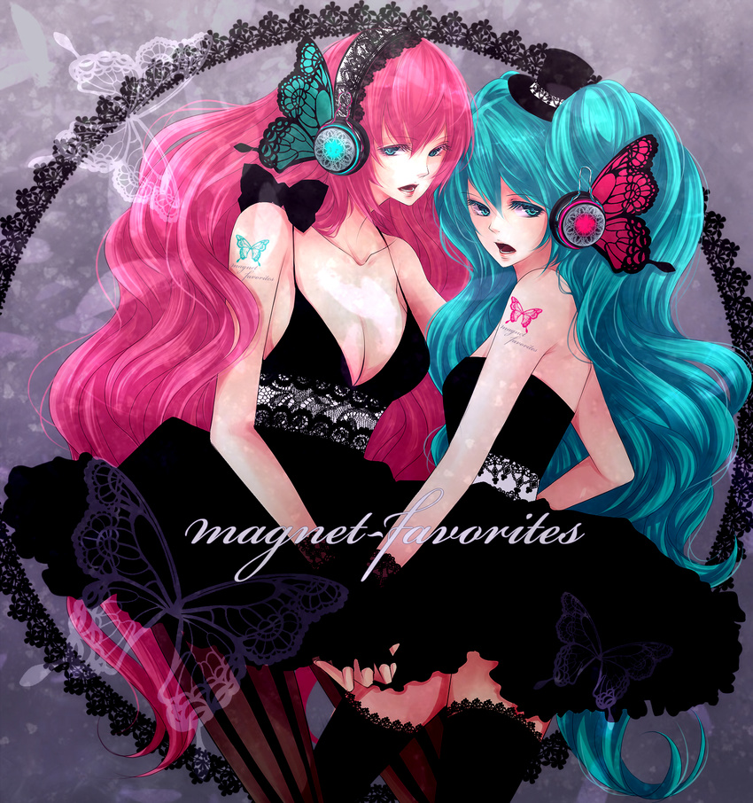 aqua_eyes aqua_hair bad_id bad_pixiv_id butterfly_hair_ornament butterfly_wings dress fingerless_gloves gloves hair_ornament hatsune_miku headphones highres holding_hands long_hair magnet_(vocaloid) megurine_luka multiple_girls pink_hair thighhighs twintails vocaloid wings yuri zettai_ryouiki zukiyuki