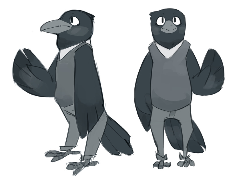avian bird clothing corvid dosent feathers feral male monochrome raven semi-anthro simple_background solo standing vest white_background