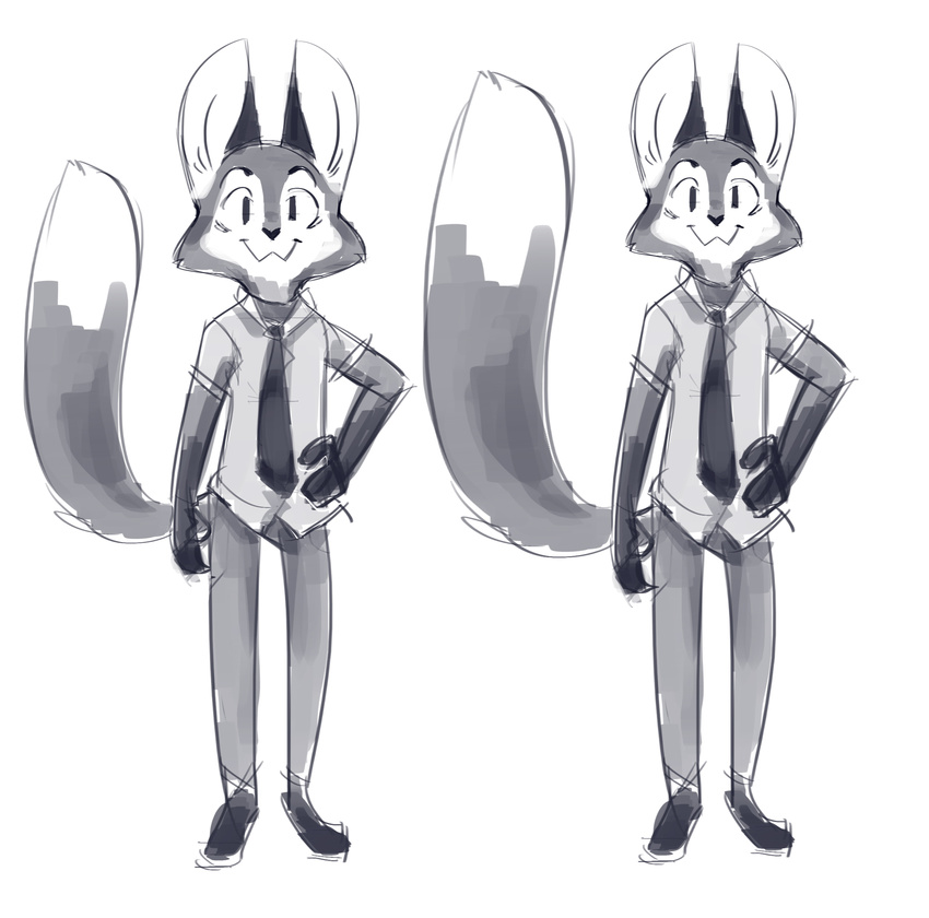 anthro canine clothing dosent fox male mammal model_sheet monochrome necktie pants shirt simple_background solo standing t-shirt